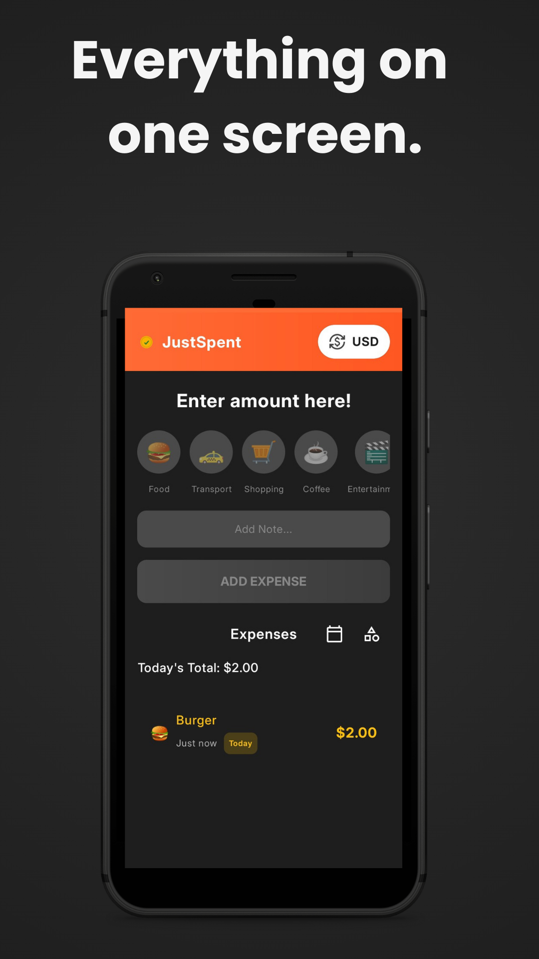 JustSpent app - Everything on one screen
