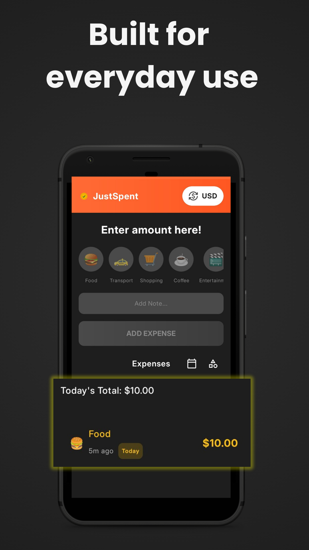 JustSpent app - Clean daily expense list